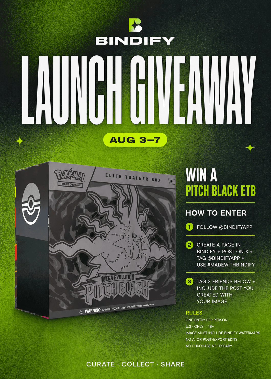 Bindify Launch Giveaway graphic with September 7–11 entry dates, entry instructions, and a Pitch Black Elite Trainer Box